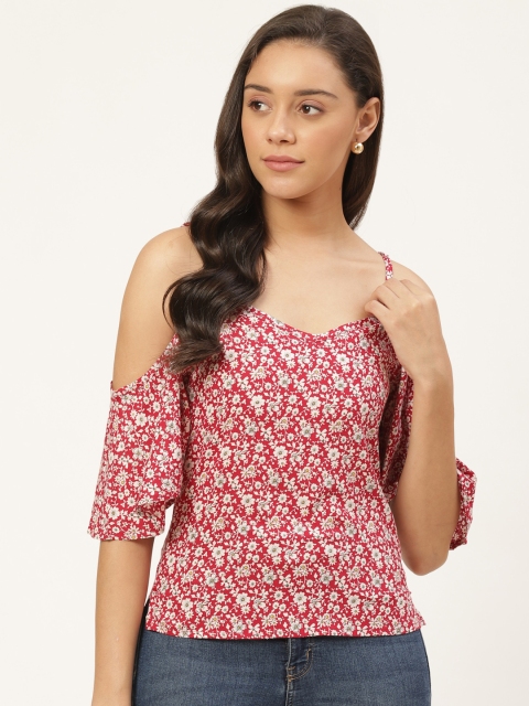 

Trend Arrest Women Red & White Floral Print Cold-Shoulder Top