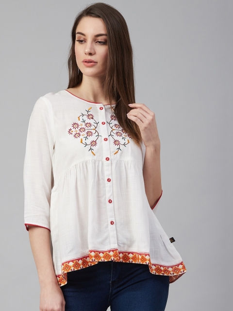 

clorals Women White Floral & Maroon Embroidered Empire Top