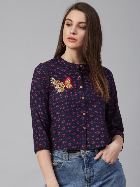 

clorals Women Navy Blue & Pink Regular Fit Printed Shirt