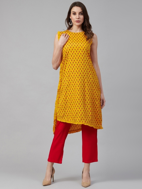 

clorals Women Mustard Yellow & Red Printed Asymmetric Kurta with Trousers