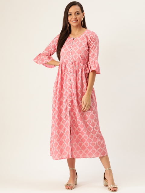 

GERUA Women Pink & Off-White Block Printed A-Line Dress