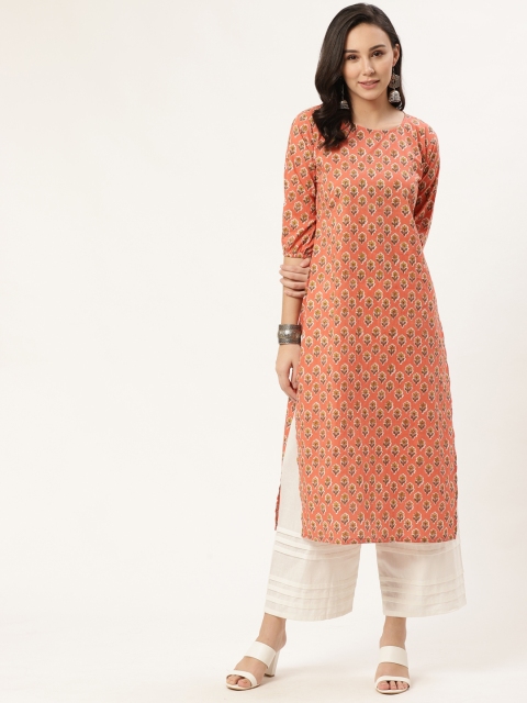 

GERUA Women Peach-Coloured & Mustard Yellow Printed Straight Kurta