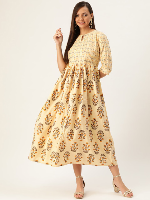 

GERUA Women Beige & Mustard Yellow Block Printed Maxi Dress