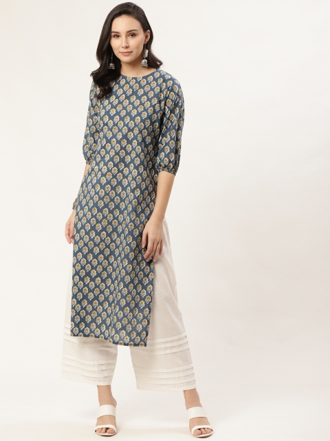 

GERUA Women Navy Blue & Mustard Yellow Printed Straight Kurta