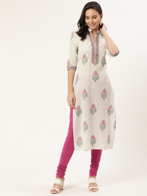 

GERUA Women Off-White & Pink Printed Straight Kurta