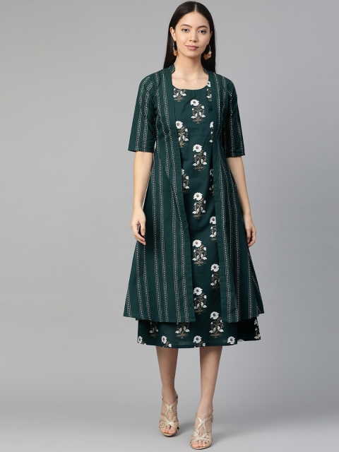 

GERUA Women Green Printed A-Line Dress with Ethnic Layer