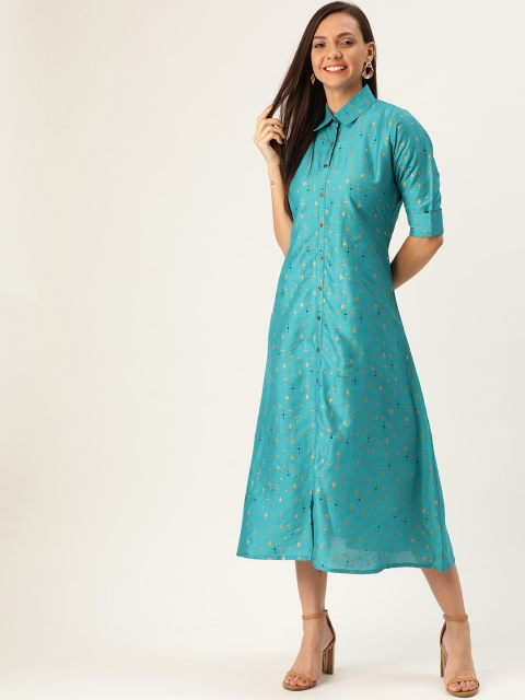 

GERUA Women Blue & Golden Printed Ethnic Shirt Dress