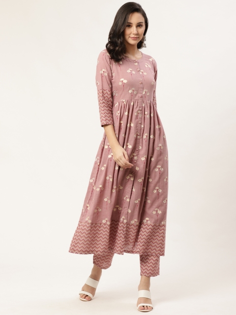 

GERUA Women Mauve & Off-White Block Print Anarkali Kurta with Trousers