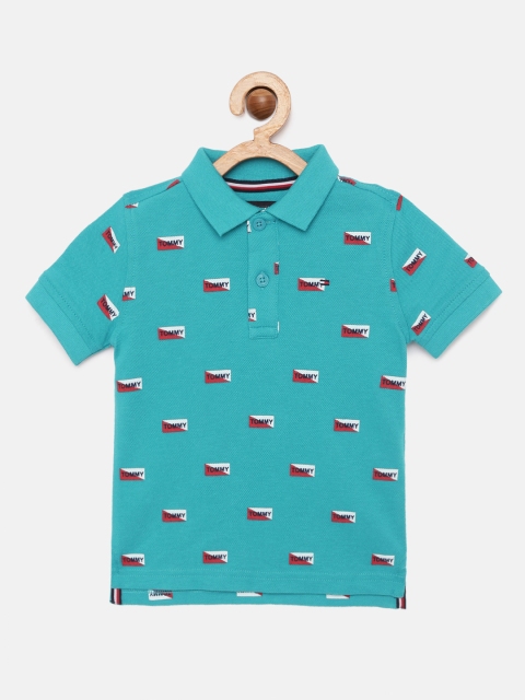 

Tommy Hilfiger Boys Teal Blue Printed Pure Cotton Polo Collar T-shirt