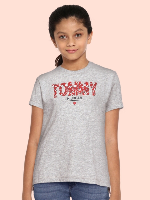 

Tommy Hilfiger Girls Grey Melange Typography Print Round Neck Pure Cotton T-shirt