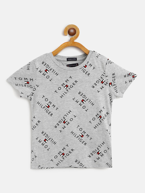 

Tommy Hilfiger Boys Grey Melange & Black Cotton Brand Logo Printed T-shirt