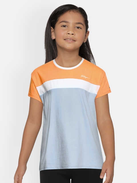 

Tommy Hilfiger Girls Orange & Blue Colourblocked Organic Cotton Round Neck T-shirt