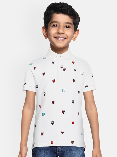 

Tommy Hilfiger Boys White SHIELD Printed Polo Collar Pure Cotton T-shirt