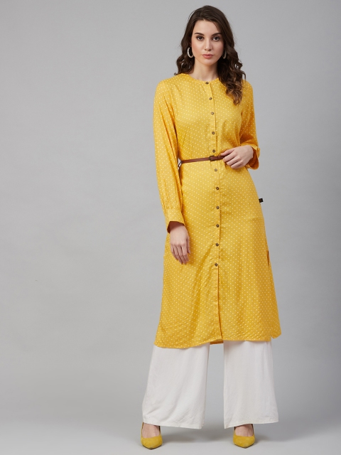 

clorals Women Mustard Yellow & White Printed A-Line Kurta With Belt