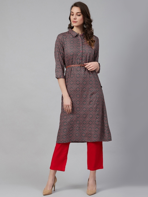

clorals Women Charcoal Grey & Red Printed A-Line Kurta with Belt
