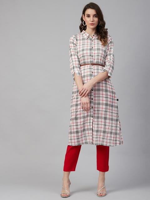 

clorals Women Off-White & Black Checked A-Line Kurta With Belt