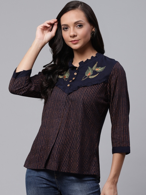 

clorals Women Navy Blue & Rust Orange Striped Top