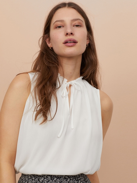 

H&M Women White Solid Smocking-Detail Blouse