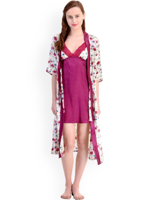 

Claura Purple Floral Print Nightdress with Robe TR-22