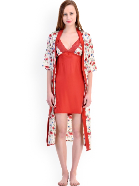 

Claura Red Floral Print Nightdress with Robe TR-22