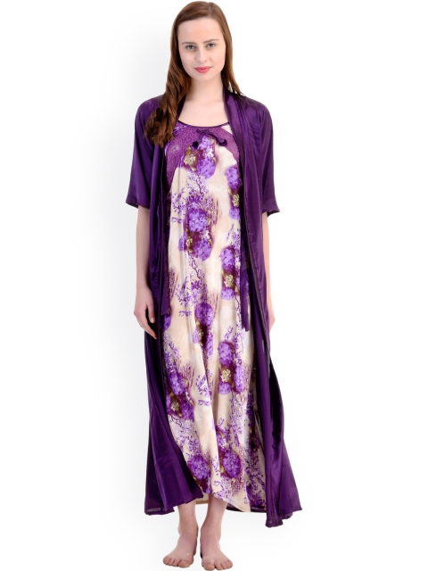 

Claura Purple Floral Print Maxi Nightdress with Robe TR-23