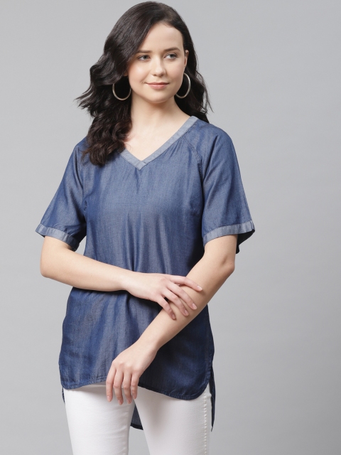 

Marks & Spencer Women Navy Blue Solid High-Low Chambray Top
