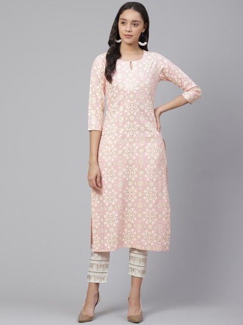 

Indo Era Women Pink & Cream-Coloured Printed Straight Kurta