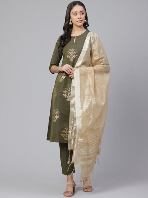 

Indo Era Women Olive Green & Beige Ethnic Foil Printed Kurta with Crop Trousers & Dupatta