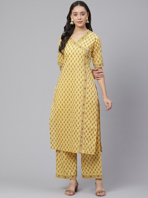 

Indo Era Women Mustard Yellow & Green Foil Printed Angrakha Kurta with Palazzos