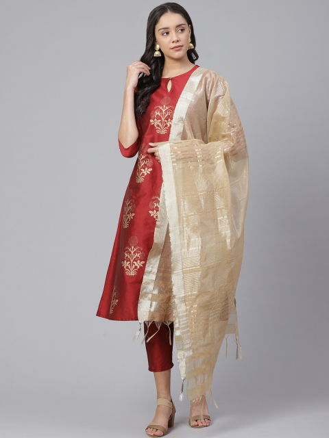

Indo Era Women Maroon & Golden Foil Printed Kurta with Trousers & Dupatta