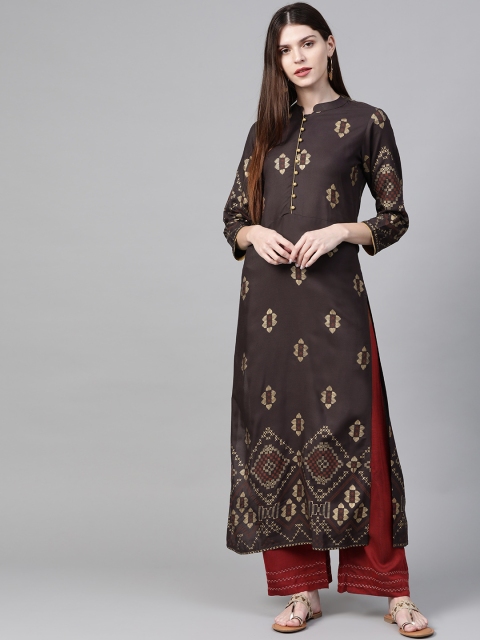 

Indo Era Women Charcoal Grey & Golden Foil Print Straight Kurta
