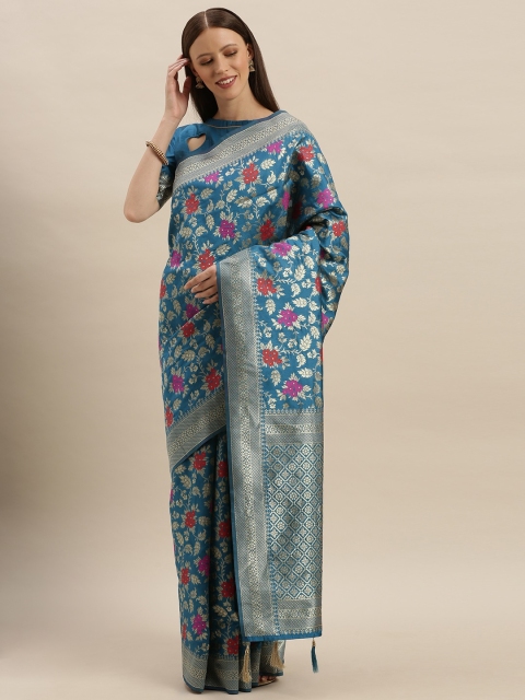 

SHAVYA Turquoise Blue & Gold-Toned Silk Blend Woven Design Banarasi Saree
