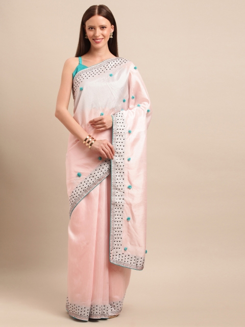 

SHAVYA Pink & Turquoise Blue Silk Blend Embellished Saree with Pom Pom Detail