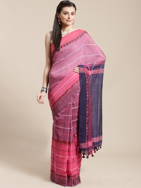 

FIROZA Pink & Blue Handloom Striped Saree