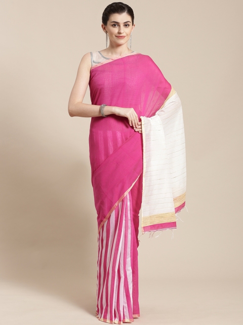

FIROZA Pink & Off-White Handloom Striped Saree