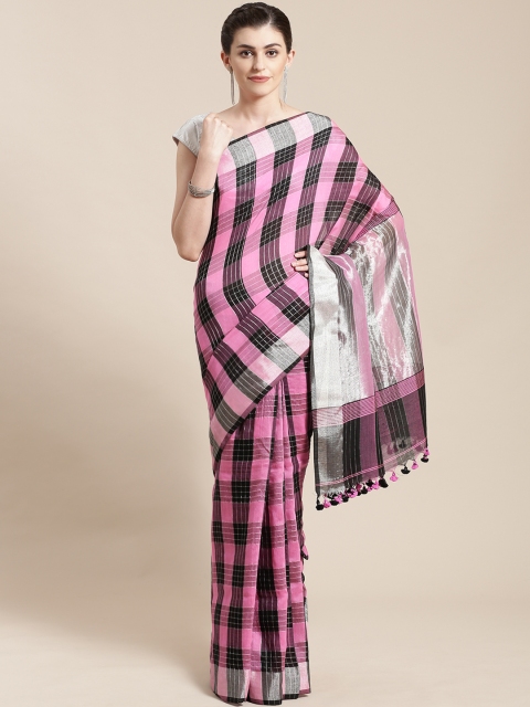 

FIROZA Pink & Black Handloom Checked Saree