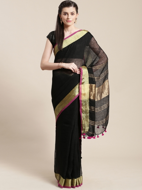 

FIROZA Black & Golden Linen Handloom Solid Saree