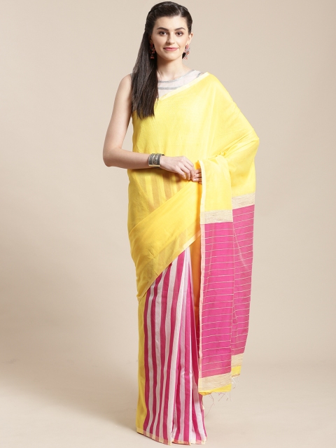 

FIROZA Yellow & Pink Handloom Striped Half & Half Saree