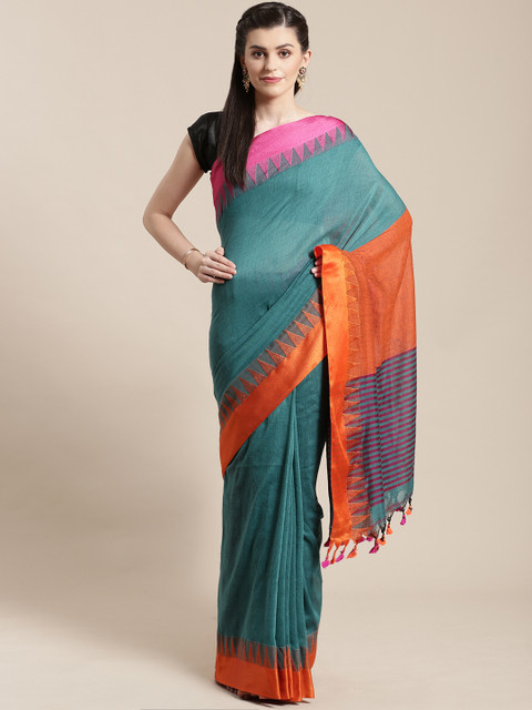 

FIROZA Green & Orange Handloom Solid Mahapar Saree