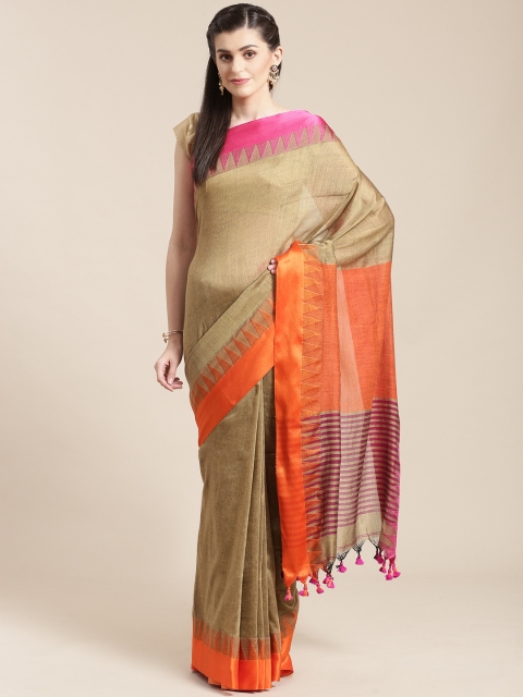 

FIROZA Beige & Orange Handloom Solid Mahapar Saree
