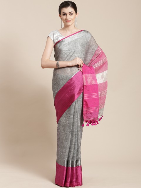 

FIROZA Grey & Pink Handloom Pure Linen Solid Saree