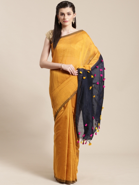 

FIROZA Mustard Yellow Solid Handloom Saree