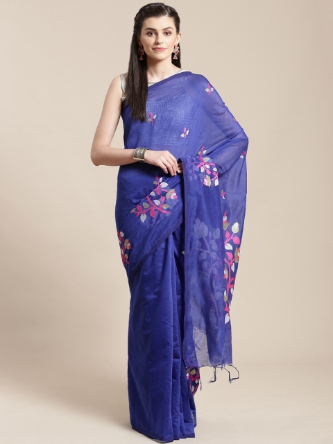 

FIROZA Navy Blue & Pink Embroidered Handloom Saree