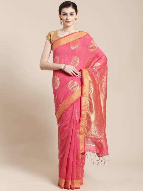 

FIROZA Pink & Golden Handloom Zari Woven Design Saree