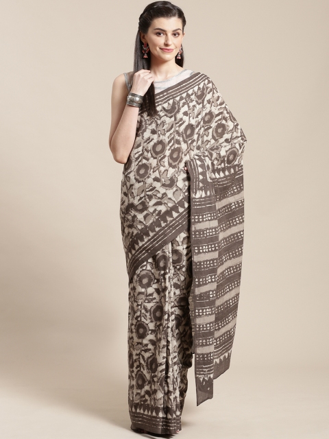 

FIROZA Beige & Brown Handcrafted Printed Dabu Saree