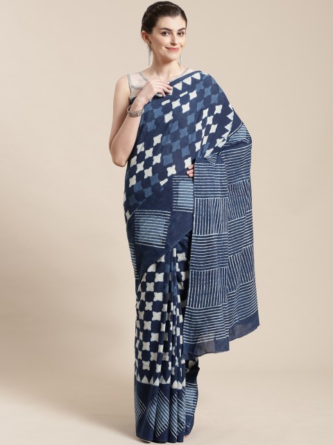 

FIROZA Navy Blue & Off-White Handcrafted Indigo Tukdi Dabu Saree