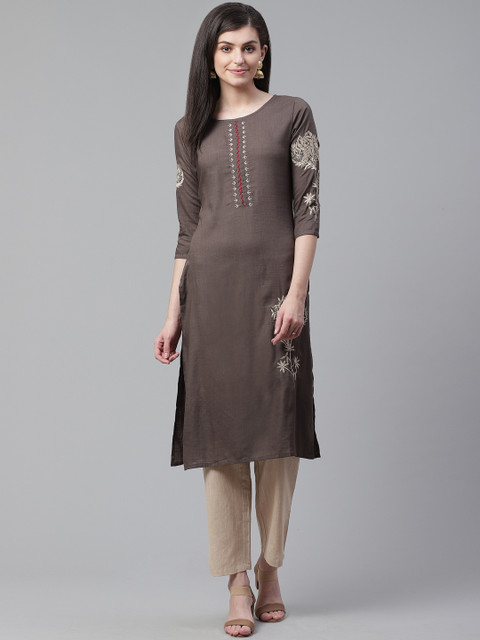 

Chhabra 555 Women Grey & Beige Made To Measure Solid Kurta with Trouser