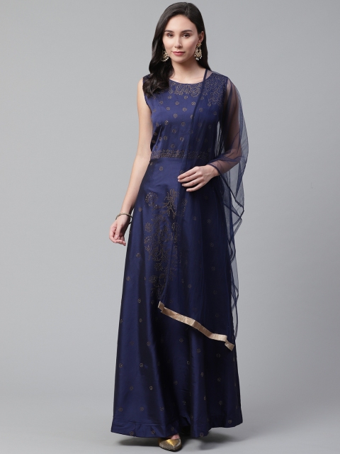 

Chhabra 555 Women Navy Blue Embellished Made to Measure Cocktail Gown with Dupatta