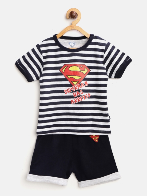 

Moms Love Boys Navy Blue & Grey Melange Striped T-shirt with Superman Print Detail Shorts