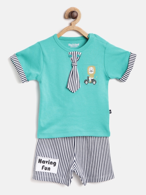 

Moms Love Boys Sea Green & Navy Solid T-shirt with Striped Shorts